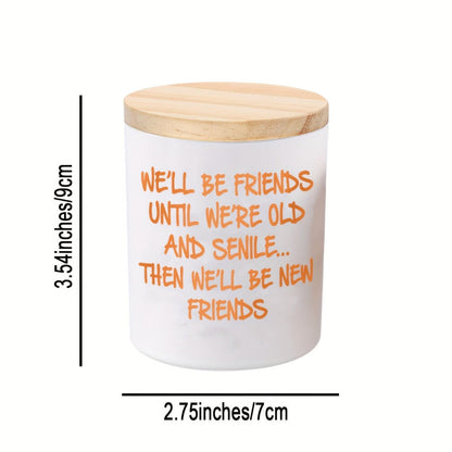 6oz Lavender-Labeled Candle in White Glass Jar with Wood Lid and Friendship Message Artwork