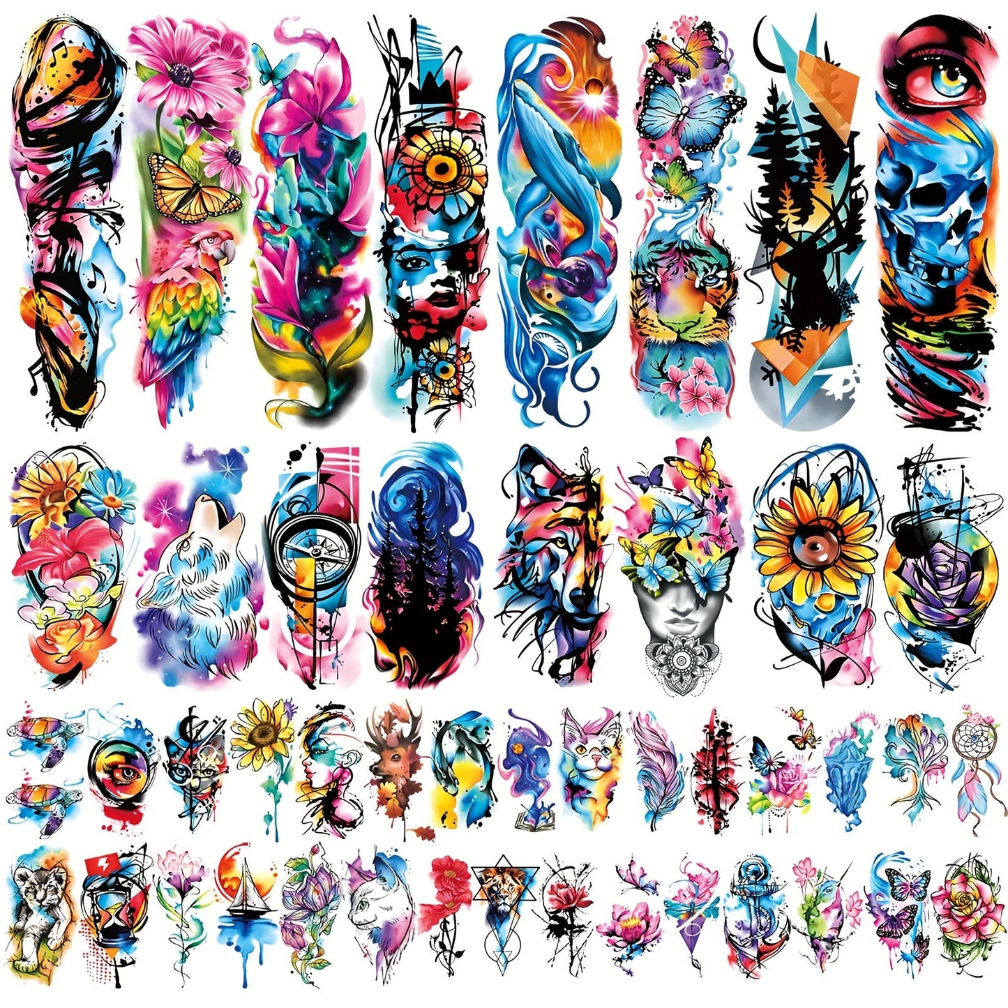 Temporary Tattoos, 46-Sheet Colorful Floral, Geometric, Portrait and Ink-Painting Style Body Art Set