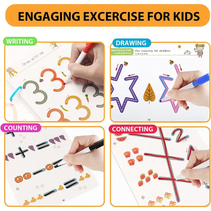 Magic Practice Handwriting & Drawing Book Set for Kids Ages 3-8, 64 Pages Reusable Wipe Clean Workbook with 8 Erasable Pens & Refills