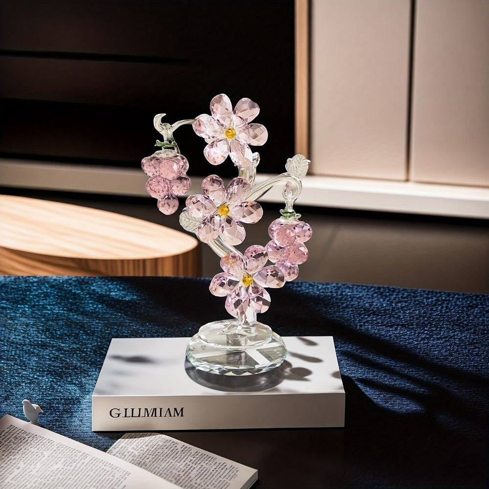 Pink Crystal Tree Statue Ornament - Romantic Crystal Flower Sculpture with Rotatable Base, Elegant Home Decor Gift for Valentine's Day