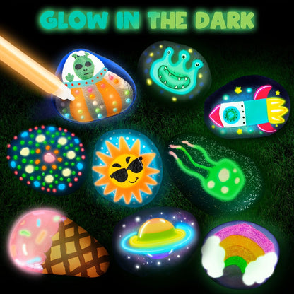 Rock Painting Kit for Kids Glow in the Dark – 10 Rocks Metallic & Glow Paints Gems Glitter Brushes Stickers All-in-One Craft Set for Boys Girls Ages 6+ Birthday Easter Christmas Gift