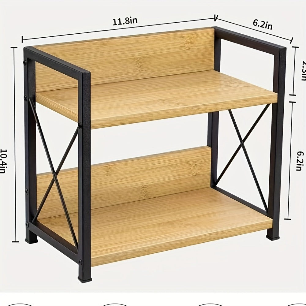 Two-Shelf Countertop Spice Rack with Wood-Look Panels, Black X-Braced Frame and Yellow Checkout