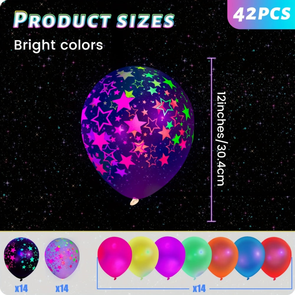 UV Neon Glow Balloons 42 Pcs Assorted – 12 Inch Blacklight Fluorescent Glow in the Dark Balloons with Neon Stars for Glow Party, Birthday, Wedding & Halloween Decorations