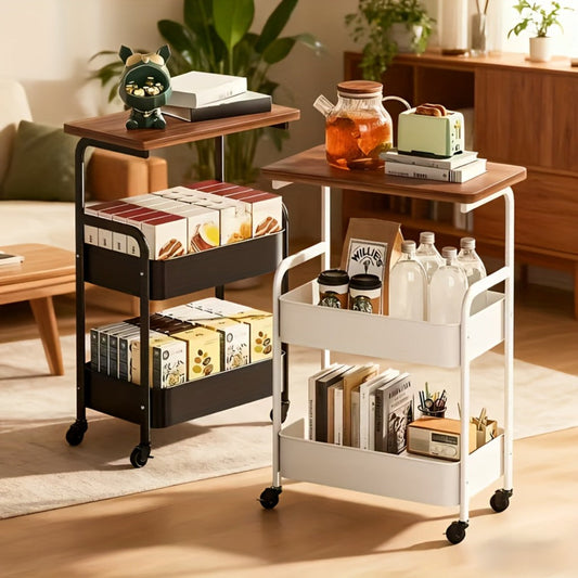 Storage Trolley with Wheels 3-Tier Wooden Tabletop Rolling Cart - Reinforced Black Metal Frame, Locking Casters, Multi-Use Organizer for Kitchen, Office, Bedroom & Living Room, Easy Assembly Printer Stand