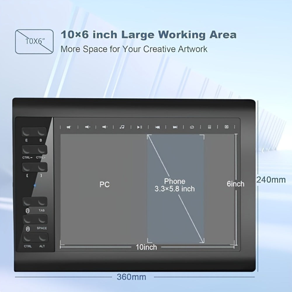 Graphics Drawing Tablet 10x6 Inch, 8192 Levels Pressure Sensitivity Battery-Free Stylus, 12 Programmable Shortcut Keys