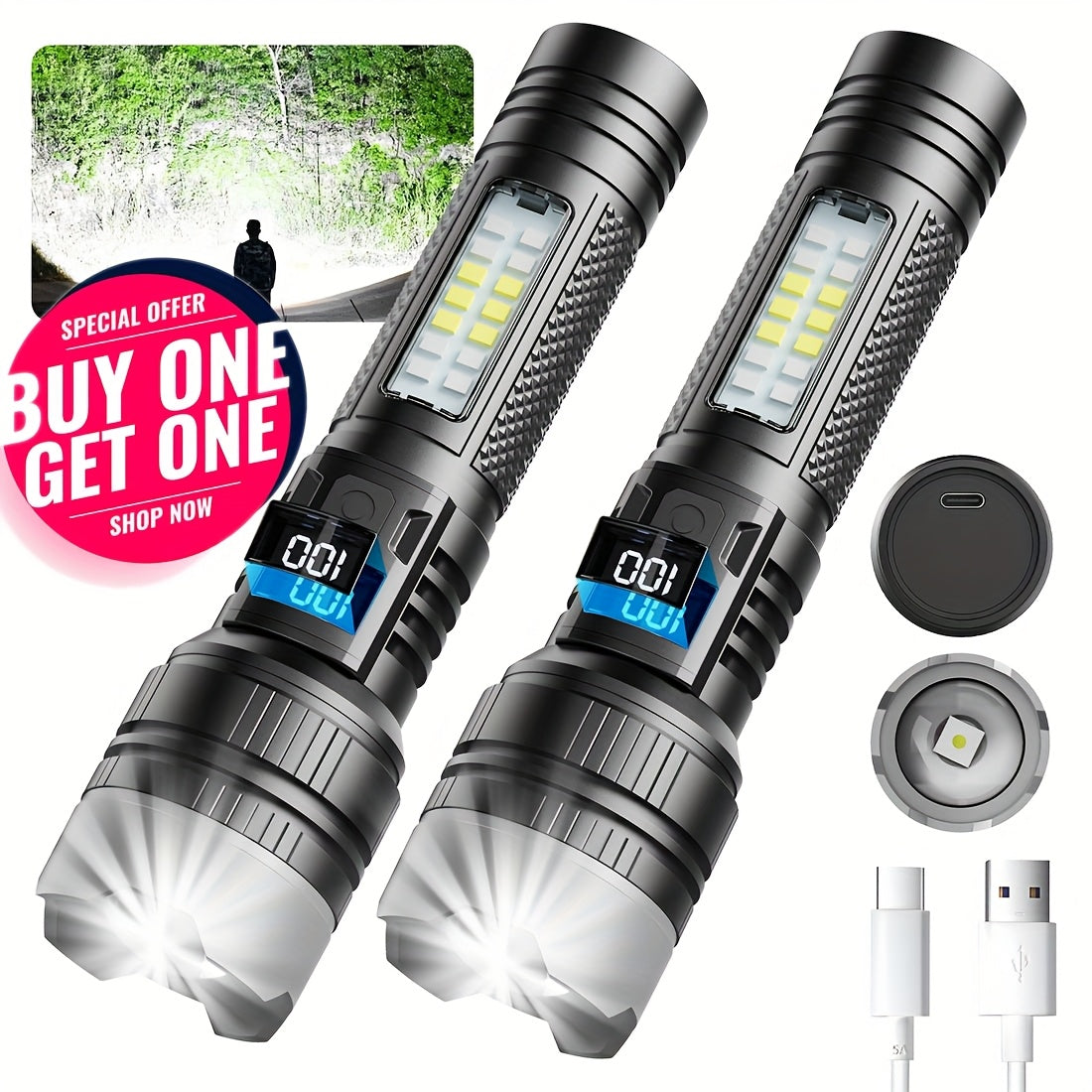 Flashlight 2000-Lumen 2-Pack with Five Modes, COB Side Light, Type-C Charging and Power Display