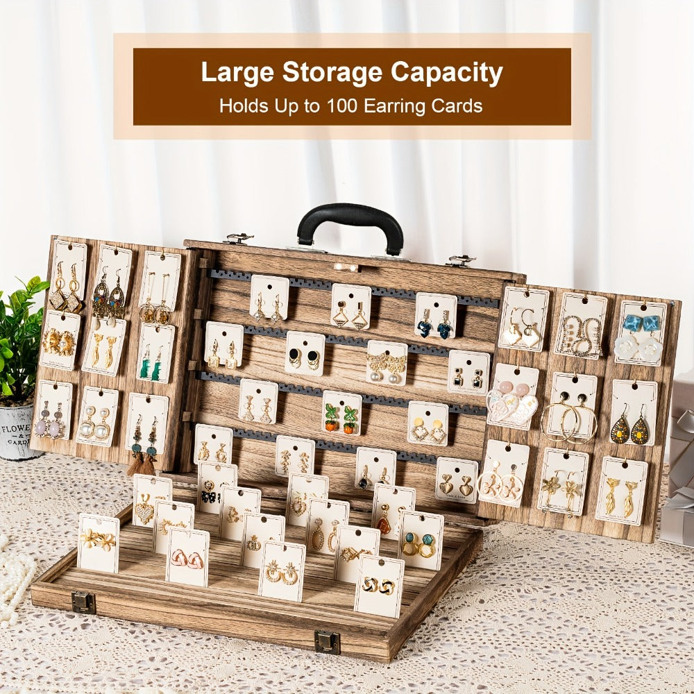 Burnt-Wood Jewelry Display Case with Carry Handle, Buckle Closure and Multi-Section Earring Card Storage
