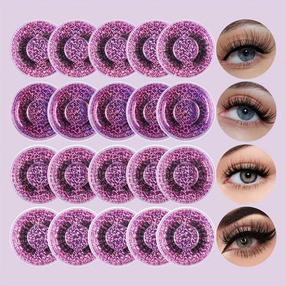 Faux-Mink False Eyelashes Multipack with 20 Pairs in Three Mixed-Style Round Storage Case Options