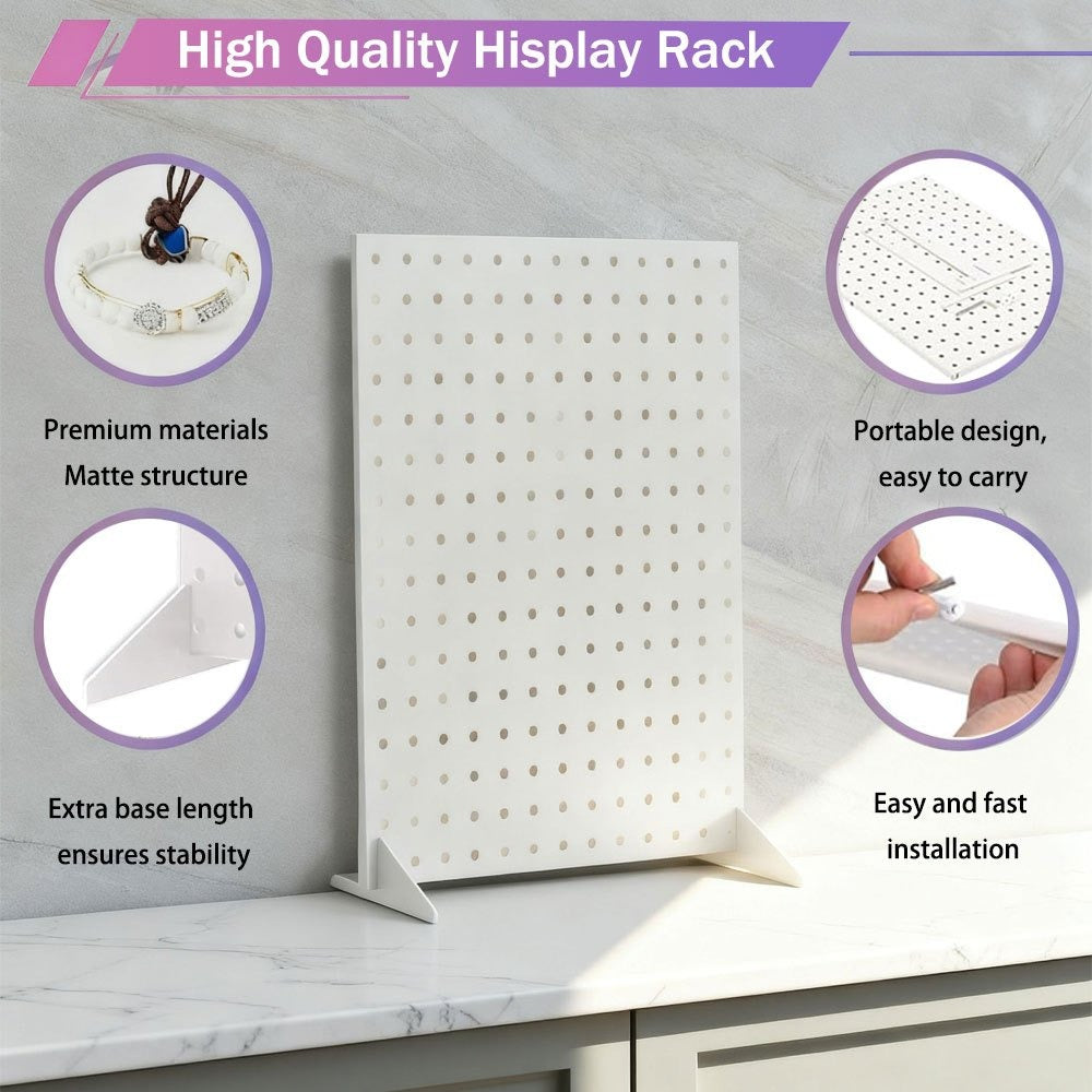 Pegboard Jewelry Display Stand with Iron-Labeled Perforated Panel, Two Feet and 12 Removable Hooks