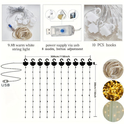 White Sheer Photography Backdrop Set with Two 5.2 x 10 ft Panels, USB String Lights and 10 Clips