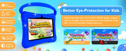 Kids Tablet 7 Inch Android 2GB RAM 16GB 32GB ROM 1TB Expandable WiFi Dual Camera Parental Control Educational Games Eye Protection Drop-Proof Silicone Case Tablet for Kids Toddlers – Pink Blue Purple Navy