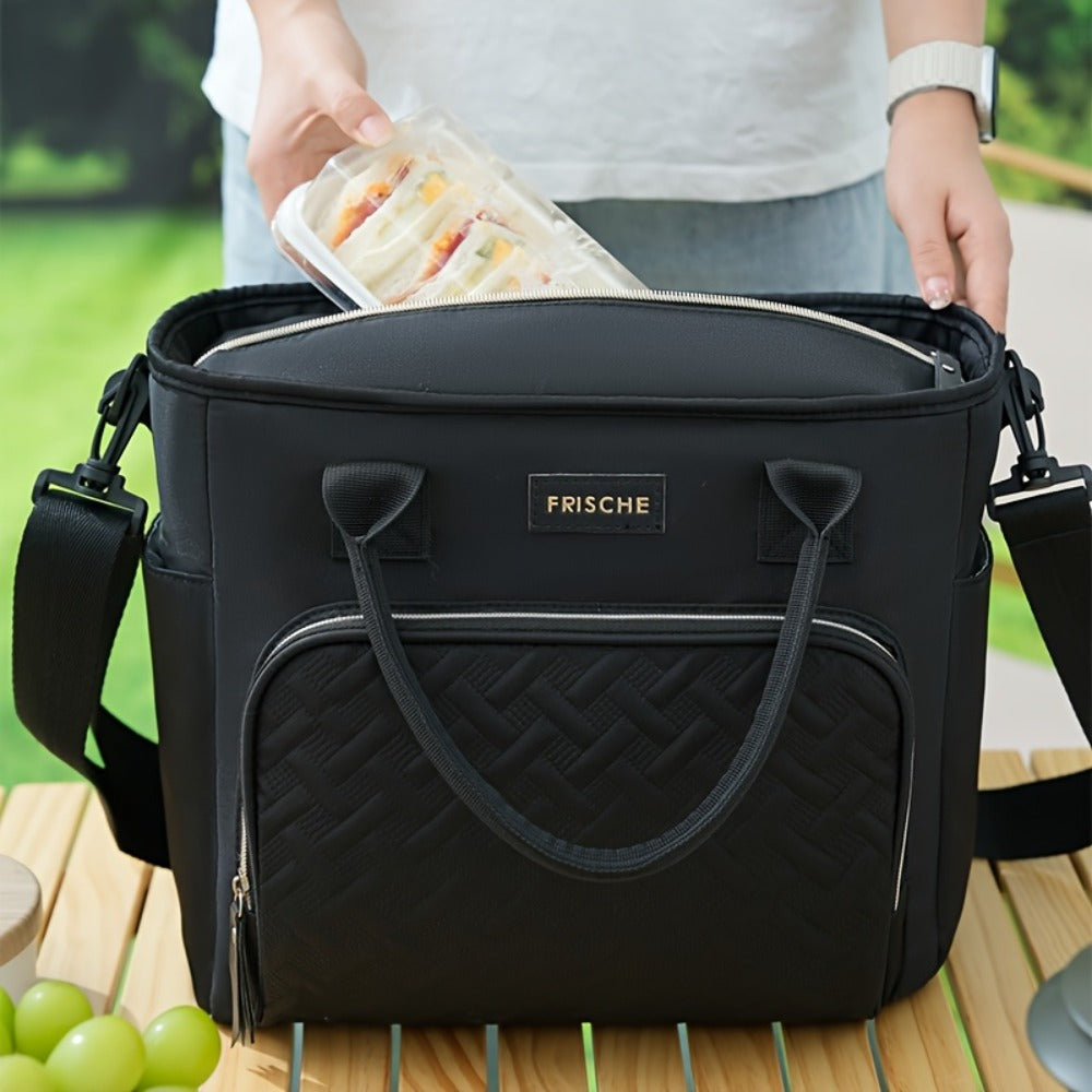 11L Quilted Lunch Bag Tote with Front Zipper Pocket, Side Tissue Pocket, Strap and Four Colors
