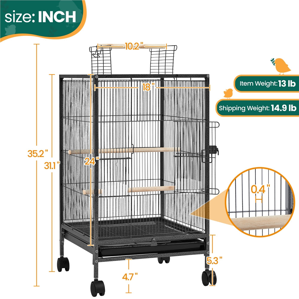 Bird Cage with Rolling Stand Open Top 31 Inch Wrought Iron Black - Slide Out Tray Feeder Doors 2 Feeders 3 Perches for Budgies Parakeets Cockatiels Canaries Finches Small Bird Home Cage