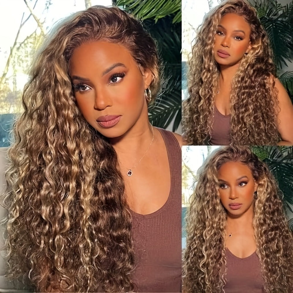 HD Lace Front Wig Honey Blonde Deep Wave 28 Inch – 200% Density P4/27 Ombre Highlight Long Curly Wavy, Pre Plucked Glueless Ready to Wear Synthetic Wig for Women, Party & Daily Use
