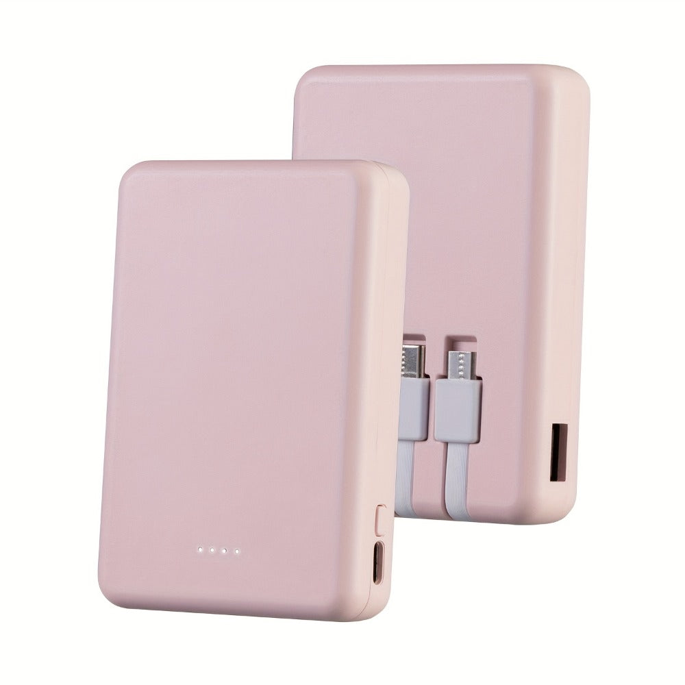 Slim Power Bank 5000mAh / 10000mAh with Built-in USB-C Cable, Charges 4 Devices Simultaneously, LED Indicator – Ultra-Compact Portable Charger for iPhone, Android, Travel, Everyday Carry