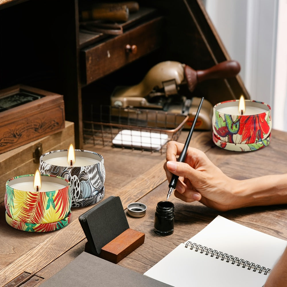 24-Piece Rain-Scent Candle Set with Lidded 2.5oz Decorative Metal Travel Tins and Fragrance Labels