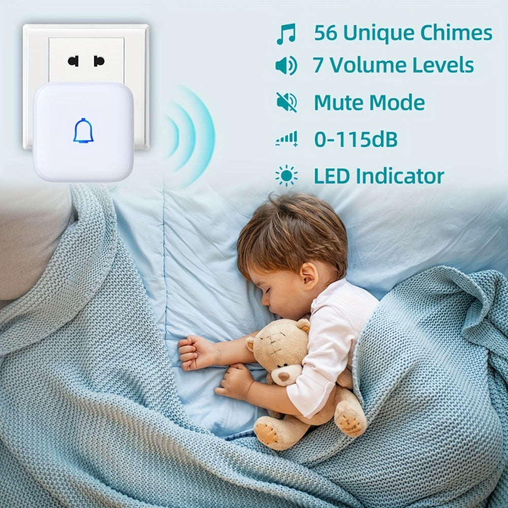 Long Range Doorbell Kit 1000ft - 115dB Loud Wireless Chime, 56 Melodies, 7 Volume Levels, Mute Mode, Battery Operated, 1 Button + 2 Plug-In Receivers, for Home Office Garage Elderly