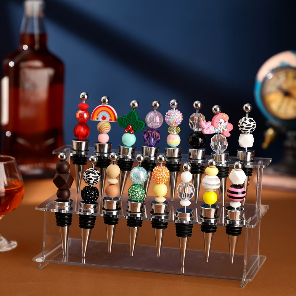 Twenty-Piece Beadable Wine Bottle Stopper Set with Silver-Tone Stems and Clear Two-Tier Display Rack
