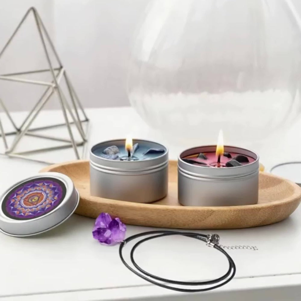 Seven-Piece Color Candle Gift Box with Crystal-Style Pendant Necklaces and Pictured 2.2 oz Tins