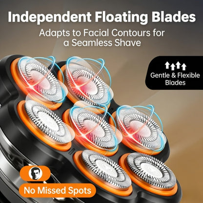 Black 7-Head Rotary Electric Head Shaver with Magnetic Blade Assembly, Digital Display and USB-C Cable