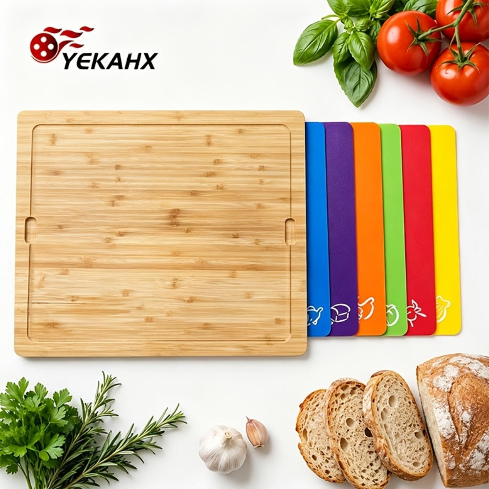 Bamboo Cutting Board Set with Six Color-Coded Flexible Prep Mats and One-Piece or Seven-Piece Options