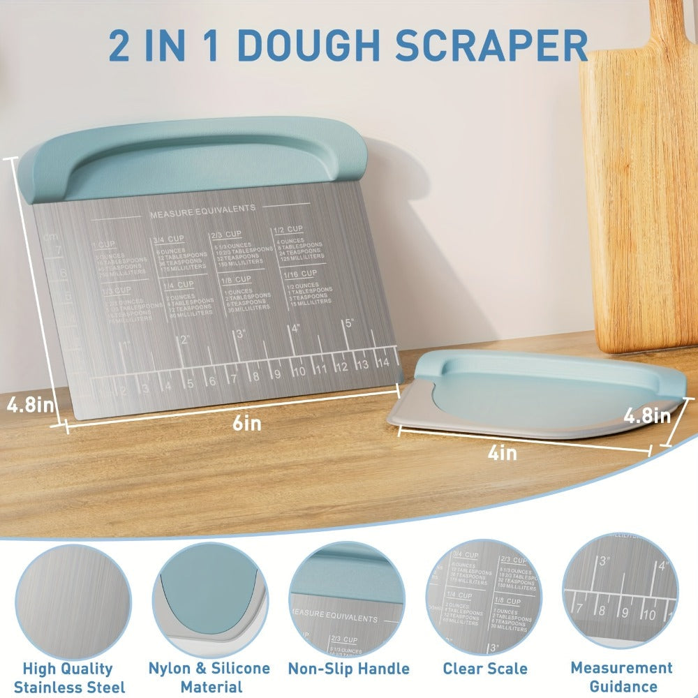 Two-Piece Dough Scraper Set with Metal Bench Cutter, Measurement Guide and Blue or Grey Bowl Scraper