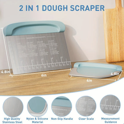 Two-Piece Dough Scraper Set with Metal Bench Cutter, Measurement Guide and Blue or Grey Bowl Scraper