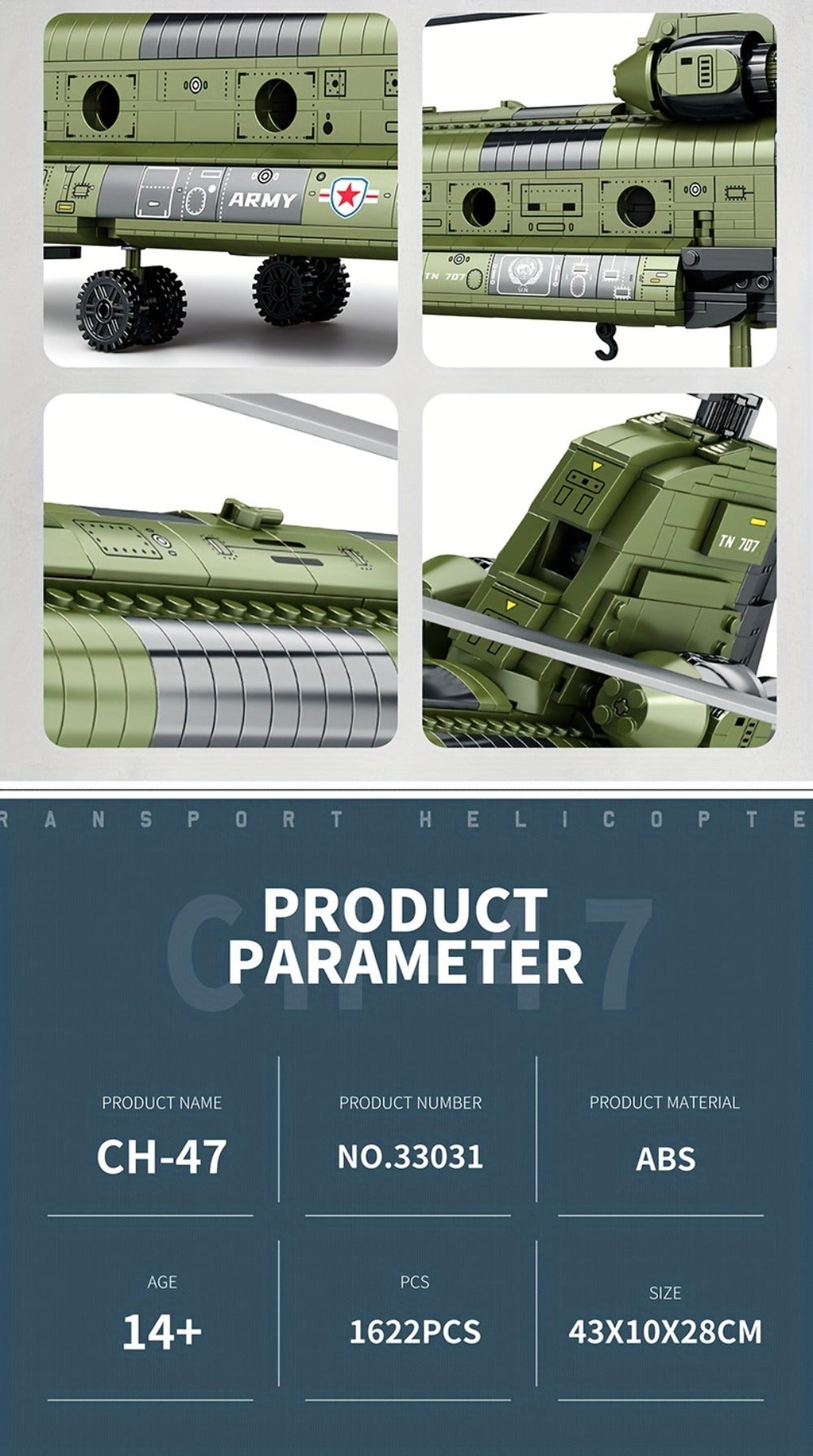 CH-47 Chinook Transport Helicopter Building Block Model with 1,622 Pieces for Adult Aviation Display