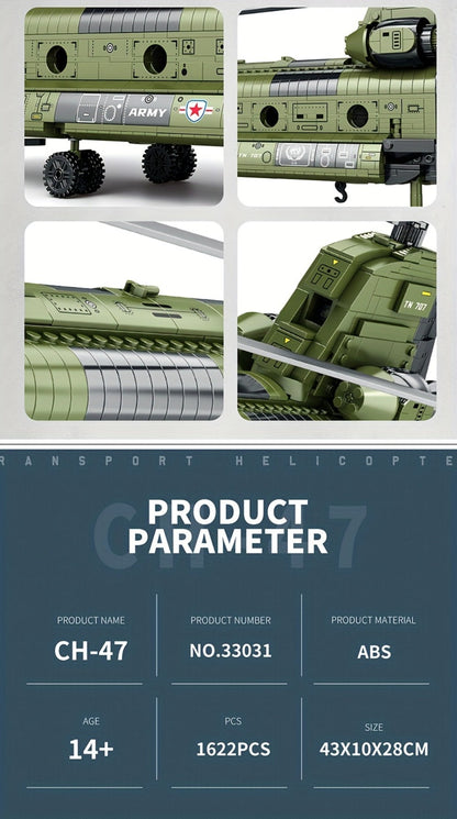 CH-47 Chinook Transport Helicopter Building Block Model with 1,622 Pieces for Adult Aviation Display