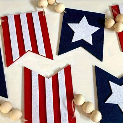Patriotic Red, White and Blue Bunting Banner with Star Flags and Natural Wood-Bead Garland for Display