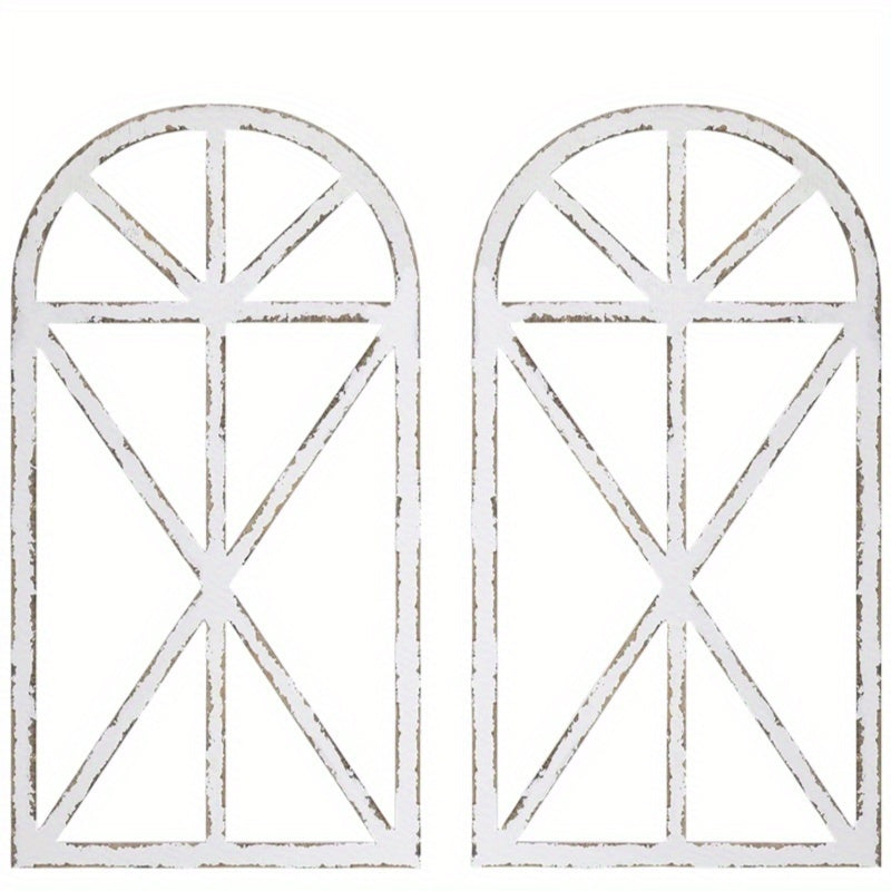 Distressed Wood Window Frame Wall Decor, Two-Piece Set in Rectangular or Arched Styles without Glass