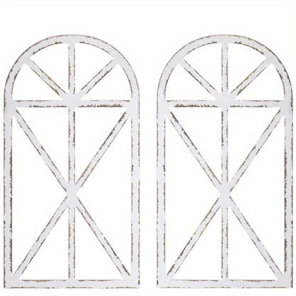 Distressed Wood Window Frame Wall Decor, Two-Piece Set in Rectangular or Arched Styles without Glass