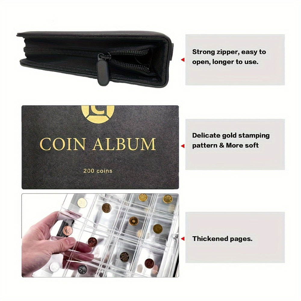 200-Pocket Coin Collection Album with 10 Pages, Zipper Handle and Black or Blue Cover for Adult Collectors