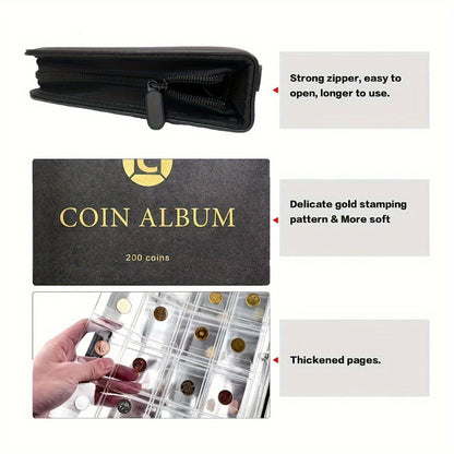 200-Pocket Coin Collection Album with 10 Pages, Zipper Handle and Black or Blue Cover for Adult Collectors