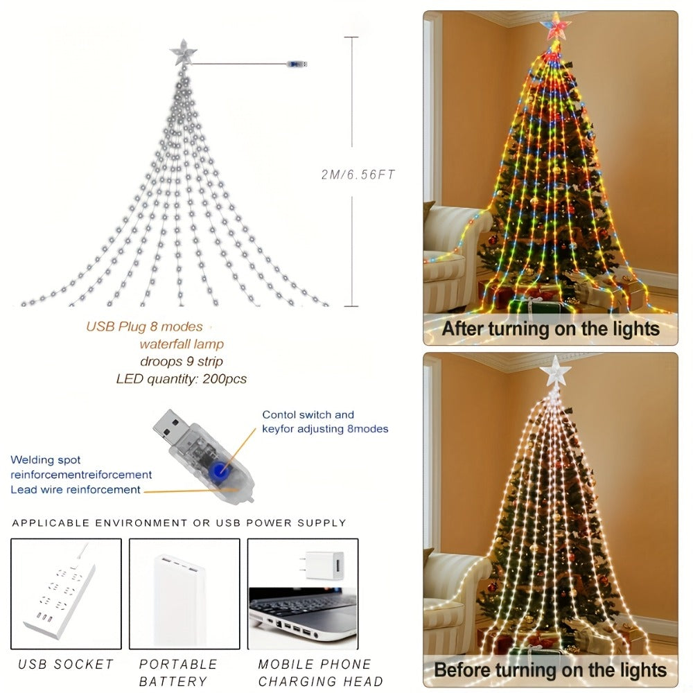 Christmas Tree Waterfall Fairy Lights 200 LED with Star Top Decoration, 8 Lighting Modes — Battery, Solar & USB Powered Indoor Outdoor Colorful Cascading Holiday Light Strip