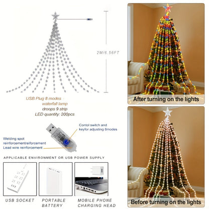 Christmas Tree Waterfall Fairy Lights 200 LED with Star Top Decoration, 8 Lighting Modes — Battery, Solar & USB Powered Indoor Outdoor Colorful Cascading Holiday Light Strip