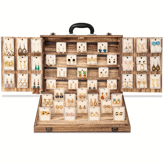 Wooden Jewelry Display Case with Lock & Buckle Closure – Vintage Tabletop Organizer Box for Earrings, Bracelets & Necklaces, Large Capacity Earring Card Holder, Burnt Wood