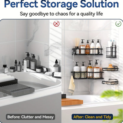 Five-Piece Corner Shower Caddy Set with Soap Holder and Four Removable Hooks in Seven Colors