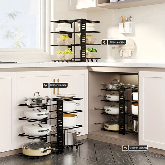Pot and Pan Organizer 8-Tier with Lid Rack - Kitchen Cabinet Storage Rack for Cookware Pots Pans Lids and Utensils, Space Saving Vertical Cookware Organizer for Cabinet Pantry and Counter, Available in 1 or 2 Pack