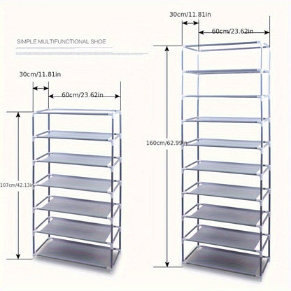 Shoe Rack with Dustproof Cover 10 Layers 9 Cubbies – Large Capacity Non-Woven Shoe Organizer for Entryway, Closet & Bedroom – Space-Saving Steel Frame Shoe Shelf, Easy Assembly