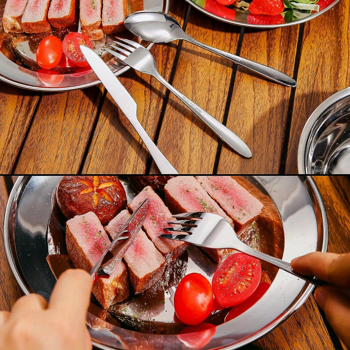 Stainless Steel Camping Mess Kit 29 Piece Dinnerware Set - Plates Bowls Mugs Cutlery, for Camping, Travel and Outdoor Use
