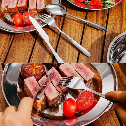 Stainless Steel Camping Mess Kit 29 Piece Dinnerware Set - Plates Bowls Mugs Cutlery, for Camping, Travel and Outdoor Use