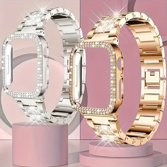 Diamond Apple Watch Case & Strap Set – Starry Sky Full Diamond Bezel + Double Row Diamond Band Compatible with Apple Watch Series 1–10 SE Ultra Ultra 2 38 40 41 42 44 45 49mm – Pink Rose Gold Black Blue Silver