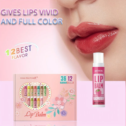 Lip Balm 36-Piece Tinted Gift Set with 12 Flavors, Jojoba Oil Formula and Colorful Tube Packaging