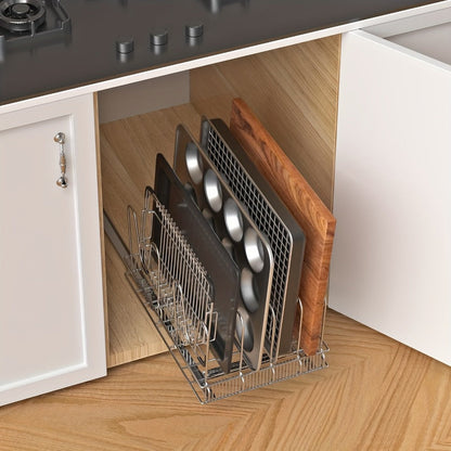 Cabinet Pot & Pan Organizer Rack with 10 Adjustable Dividers, 11"W x 17.5"D x 8.3"H, Chrome Steel Kitchen Storage