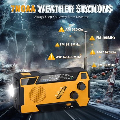 2000mAh AM/FM/NOAA Emergency Radio with Built-In Charging Cables, Solar Panel, Hand Crank and Three Colors