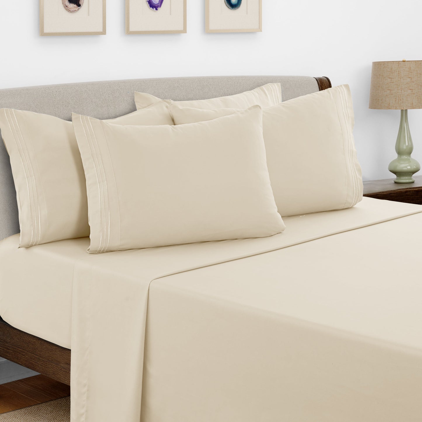Bed Sheet Set Brushed Microfiber with Embroidered Pillowcases, 16-Inch Pocket and 4- or 6-Piece Sizing