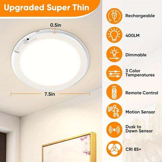 Motion Sensor Ceiling Light Rechargeable with Remote – 3-Color Dimmable Wireless LED Overhead Light, No Wiring, Battery Operated for Closet, Shower, Pantry, Shed & Hallway (Round & Square, 1 or 2 Pack)