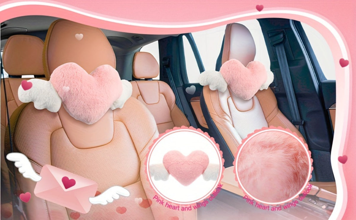 Car Headrest Neck Pillow Heart Shape with Angel Wings – Cute Plush Lumbar Cushion & Seat Back Pillow, Car Interior Decor Accessory, Gift for Women