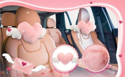 Car Headrest Neck Pillow Heart Shape with Angel Wings – Cute Plush Lumbar Cushion & Seat Back Pillow, Car Interior Decor Accessory, Gift for Women